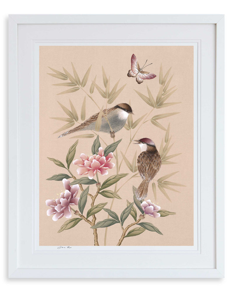 Bonnie Art Print, framed in a classic white frame. The Rosie art print by Diane Hill features two little songbirds in conversation, perched amidst peonies and bamboo leaves, set against soft tones of pink and blush 