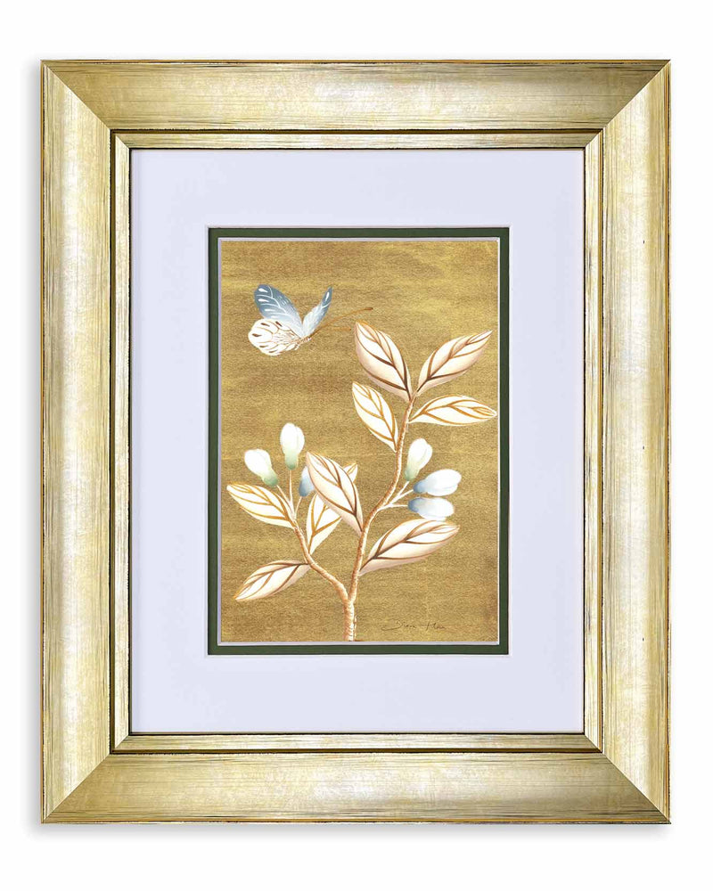 framed chinoiserie wall art print featuring vintage Chinese-style butterfly and flower branch on gold background