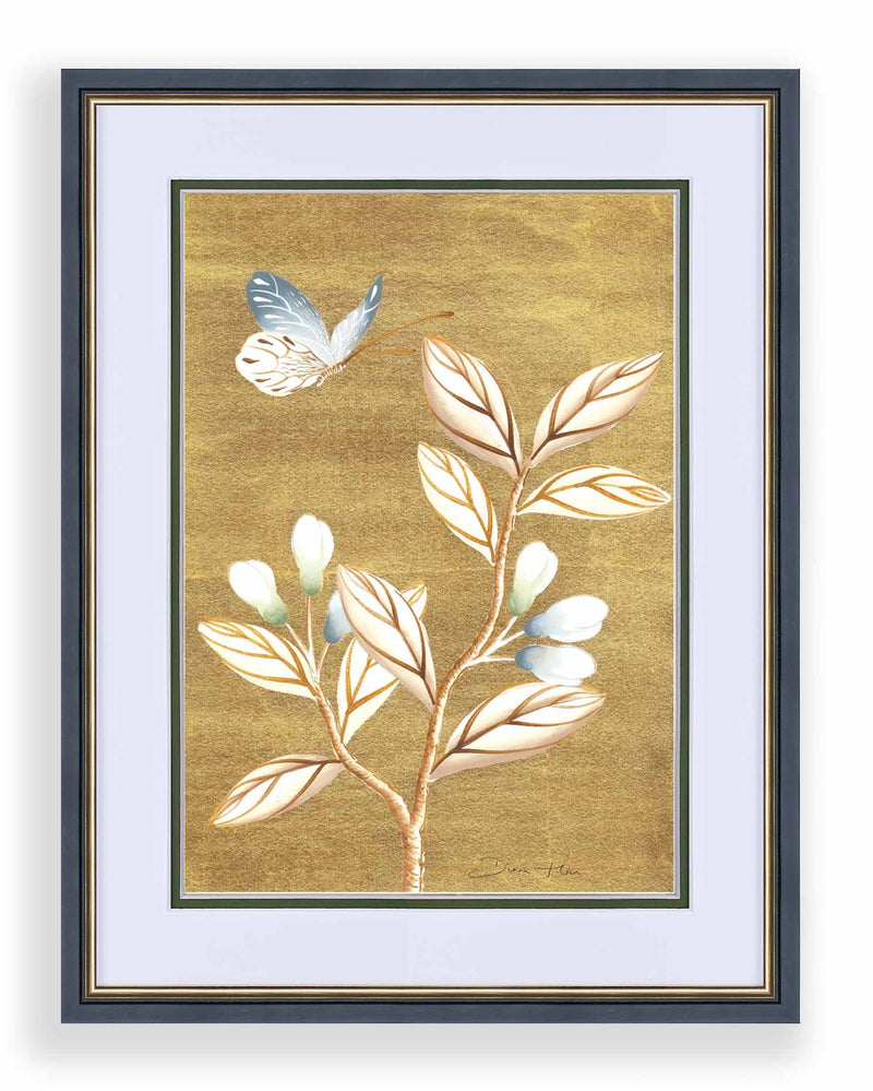 framed chinoiserie wall art print featuring vintage Chinese-style butterfly and flower branch on gold background