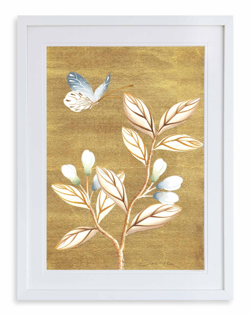 White Framed Antique Chinoiserie Butterfly Print in Gold and Blues