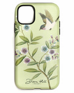The Limited Edition Carrie phone case by Diane Hill, against a white background. Carrie features a pretty little bird swooping above branches of jewel-toned blossom for a fresh, contemporary feel.