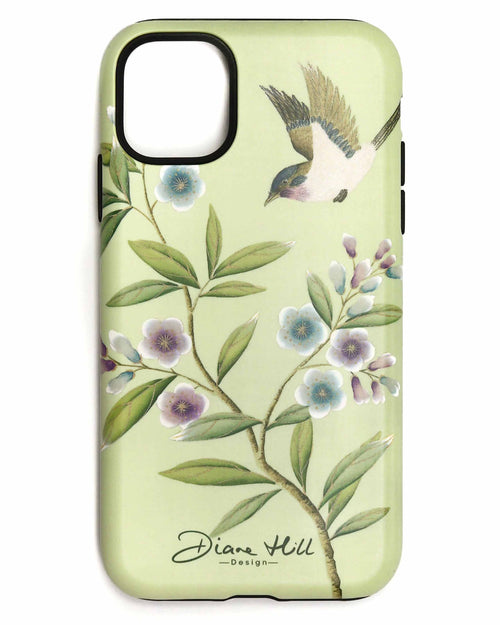 The Limited Edition Carrie phone case by Diane Hill, against a white background. Carrie features a pretty little bird swooping above branches of jewel-toned blossom for a fresh, contemporary feel.