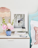 Celetse Chinoiserie art print by Diane Hill featuring a heron in flight resting upon a bedside table