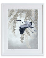 framed Japanese-style chinoiserie wall art print featuring heron and wisteria on silver background