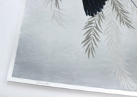 close up of Japanese-style chinoiserie wall art print featuring heron and wisteria on silver background 