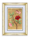 framed chinoiserie wall art print featuring vintage-style butterfly and flower branch on gold leaf background