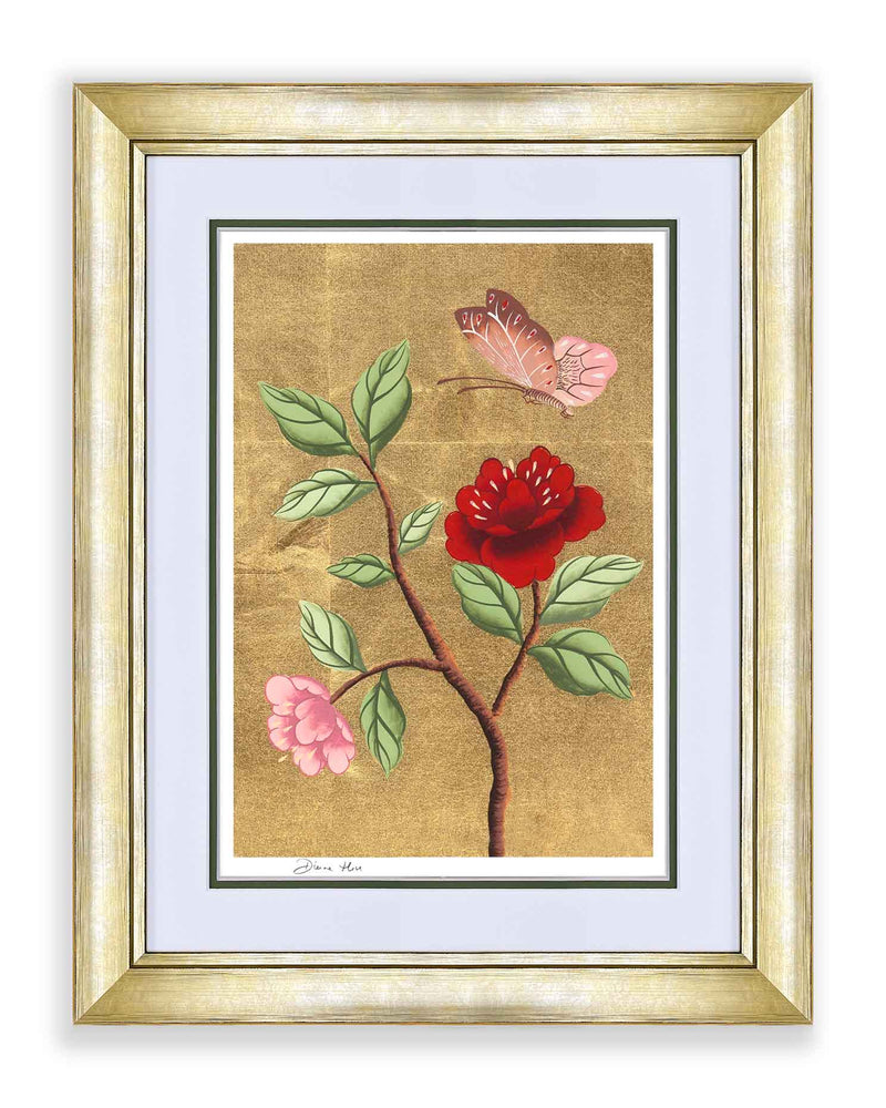 framed chinoiserie wall art print featuring vintage-style butterfly and flower branch on gold leaf background