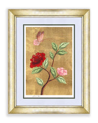 framed chinoiserie wall art print featuring vintage-style butterfly and flower branch on gold leaf background