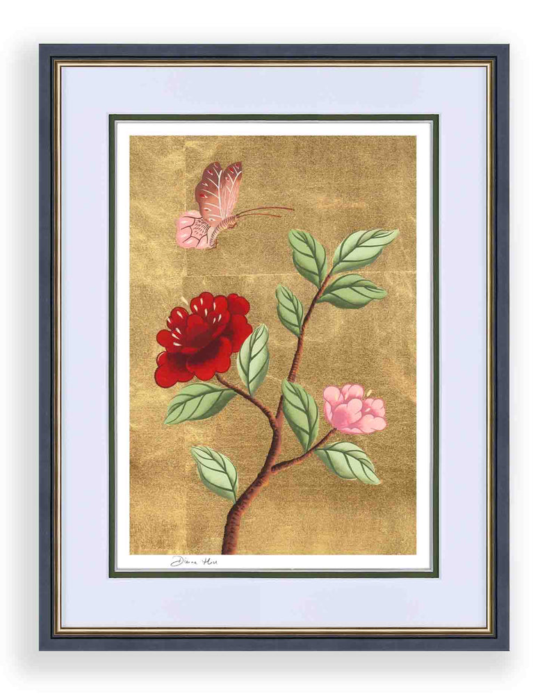 Black Framed Gold and Red Flower Print, Chinoiserie Art Framed
