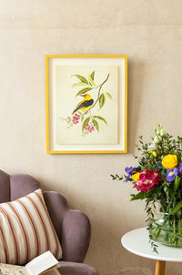 framed botanical wall art print featuring gold sparkle embellished exotic bird on tree branches with flowers hung on wall