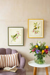 pair of two framed botanical wall art prints featuring gold sparkle embellished exotic birds on tree branches with flowers hung on wall