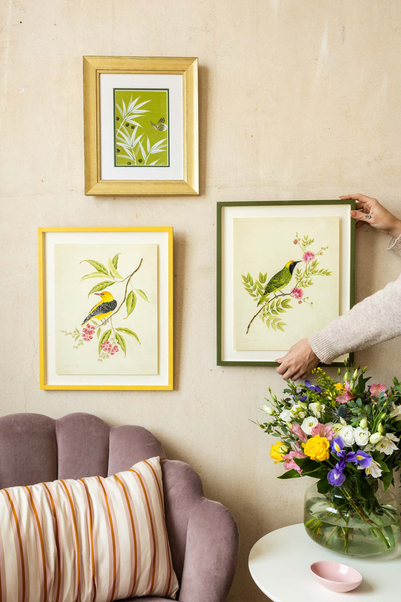 pair of two framed botanical wall art prints featuring gold sparkle embellished exotic birds on tree branches with flowers hung on wall