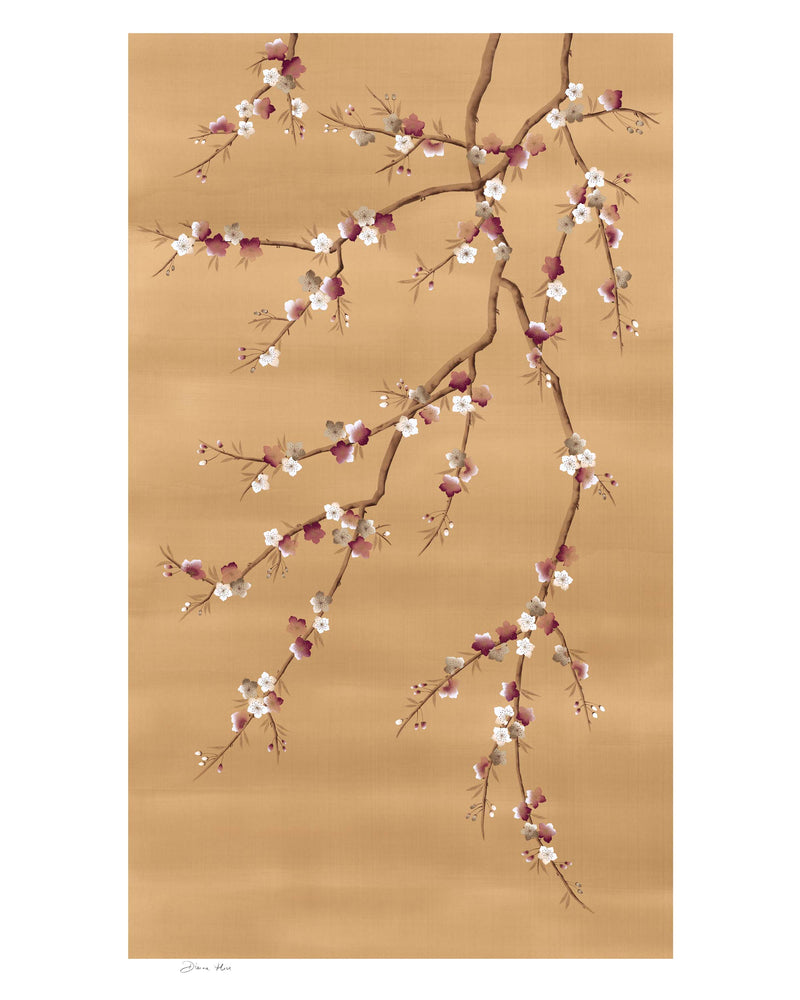 chinoiserie wall art print featuring Japanese-style cherry blossom and branches in bronze, burgundy and white tones