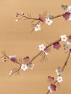 close up of chinoiserie wall art print featuring Japanese-style cherry blossom and branches in bronze, burgundy and white tones