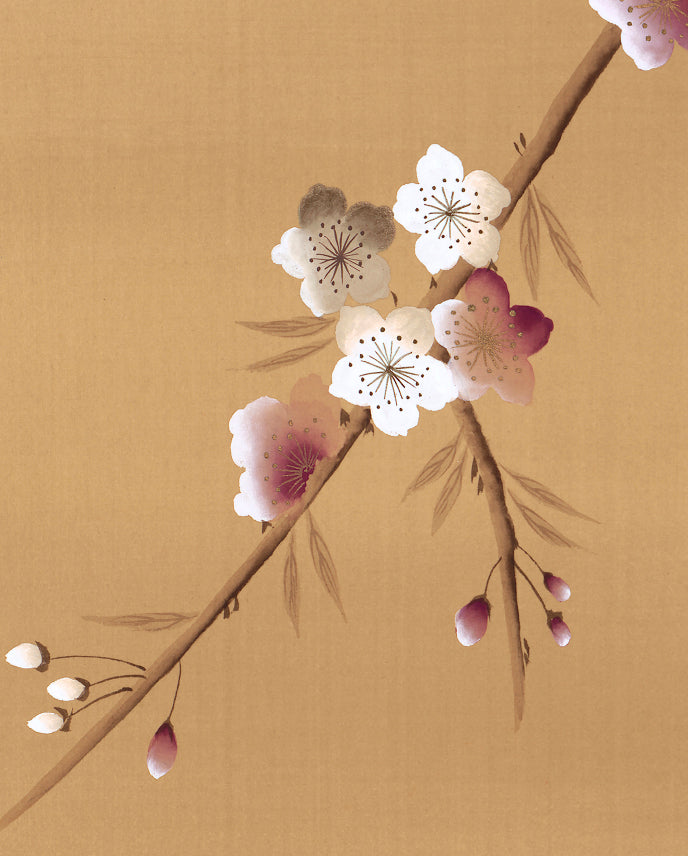 close up of chinoiserie wall art print featuring Japanese-style cherry blossom and branches in bronze, burgundy and white tones