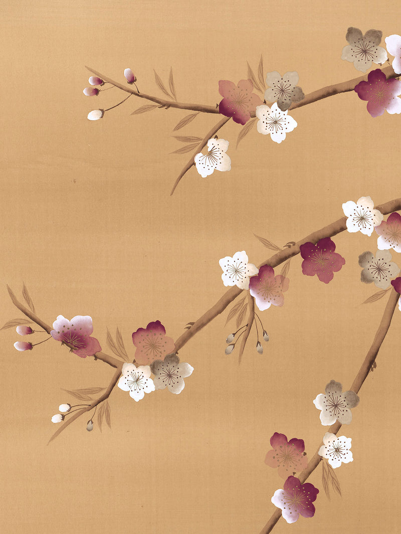 close up of chinoiserie wall art print featuring Japanese-style cherry blossom and branches in bronze, burgundy and white tones