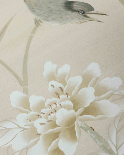 close up vintage antique stile botanical chinoiserie wall art print with bird flowers butterfly