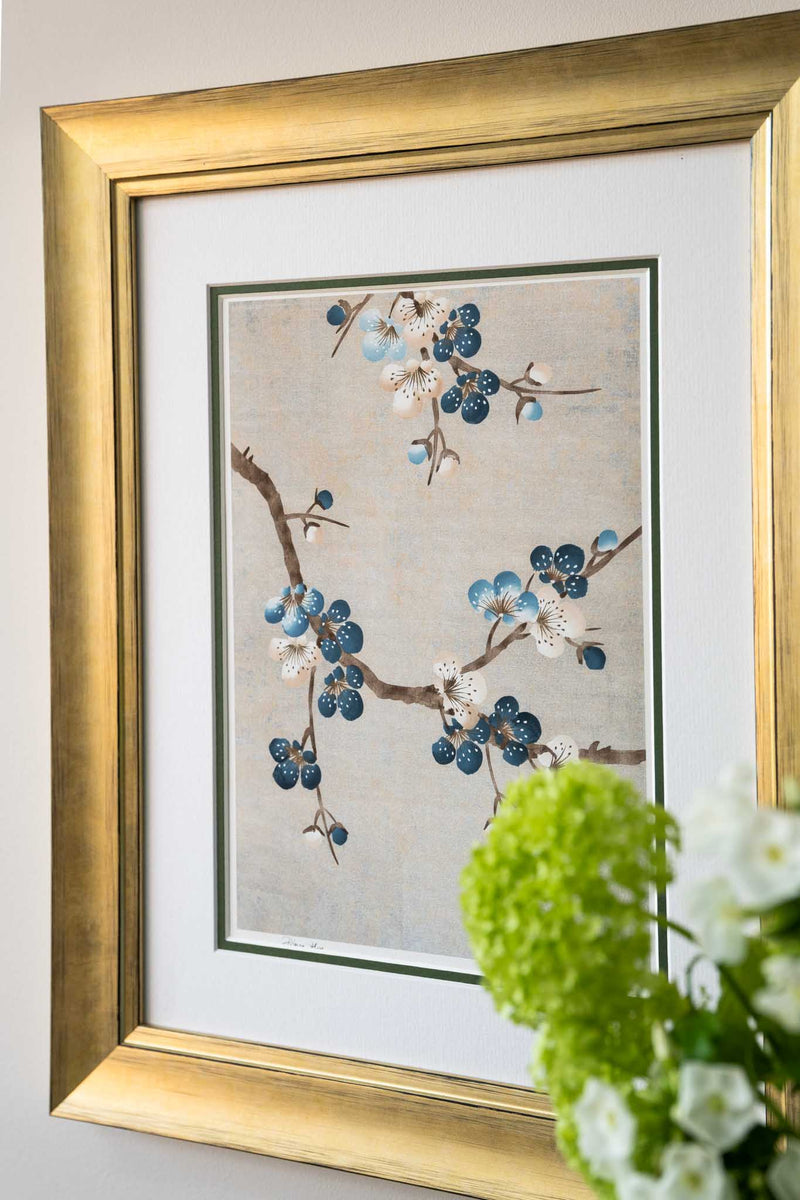 silver and blue floral chinoiserie blossom flower wall art print Chinese art style for maximalist home decor