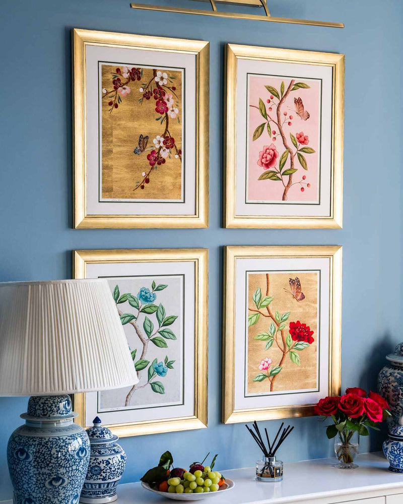 gallery wall with chinoiserie wall art print with butterfly flowers Chinese art style for maximalist home decor
