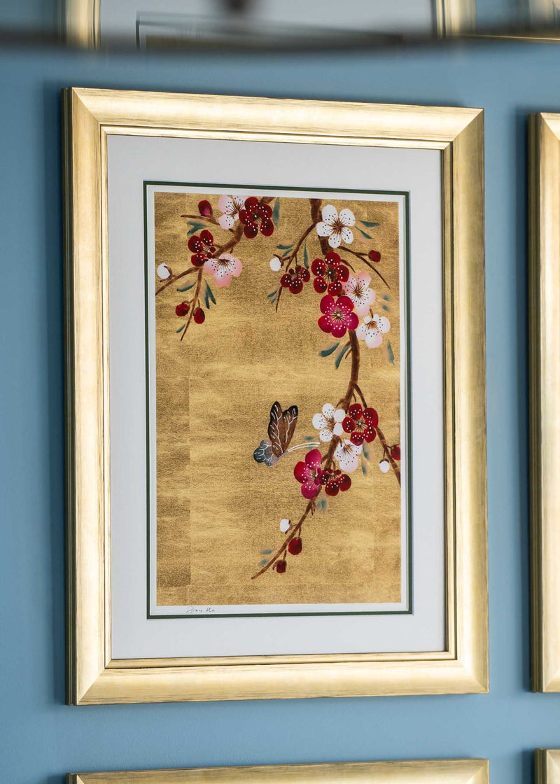 gold floral chinoiserie blossom flower wall art print with butterfly flowers Chinese art style for maximalist home decor