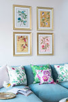 set of 4 colourful framed chinoiserie wall art print featuring vintage-style butterflies, blossoms, and flower branches displayed as gallery wall