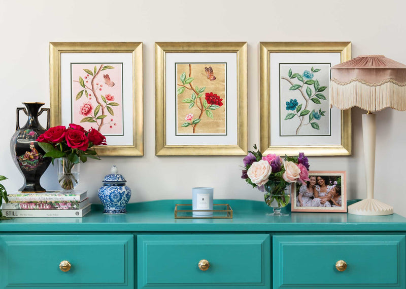 Chinoiserie Framed Art, Triptych Wall Art, Floral Collection