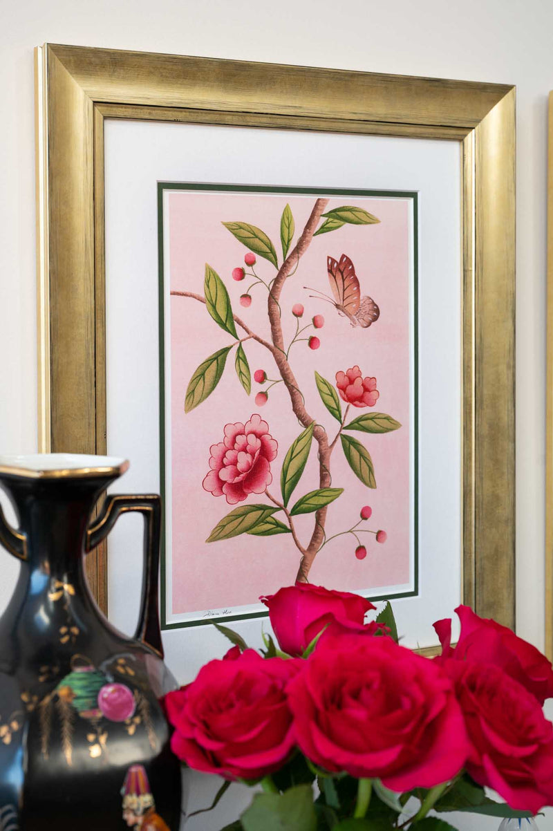pink floral chinoiserie wall art print with butterfly flowers Chinese art style for maximalist home decor