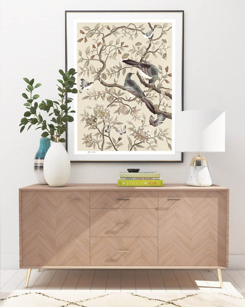 A large Chinoiserie art print by Diane Hill in neutral tones of cream, brown and taupe