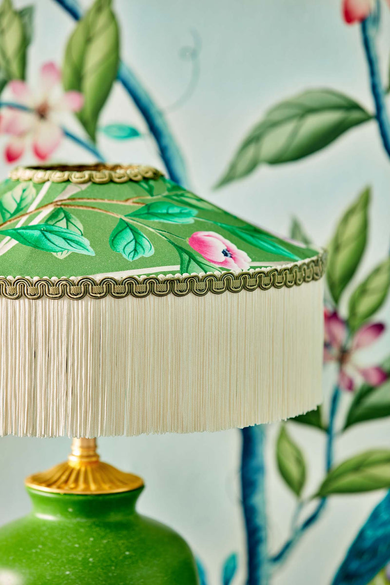 green chinoiserie fabric featuring bamboo and flowers on lampshade