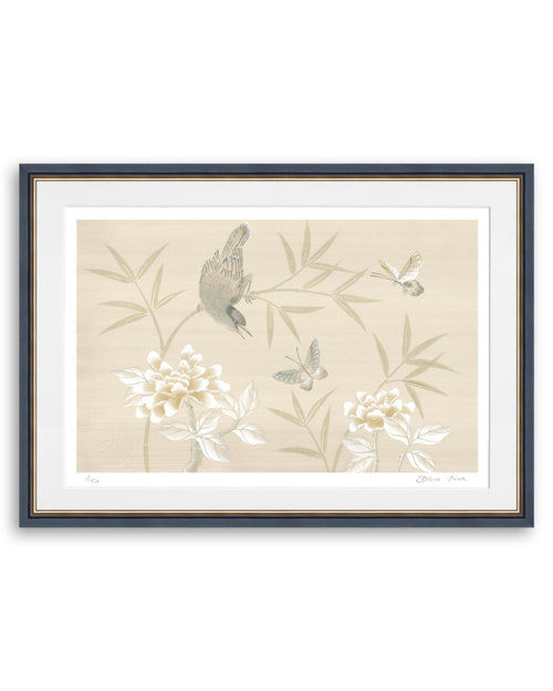 vintage antique stile botanical chinoiserie wall art print with bird flowers butterfly 
