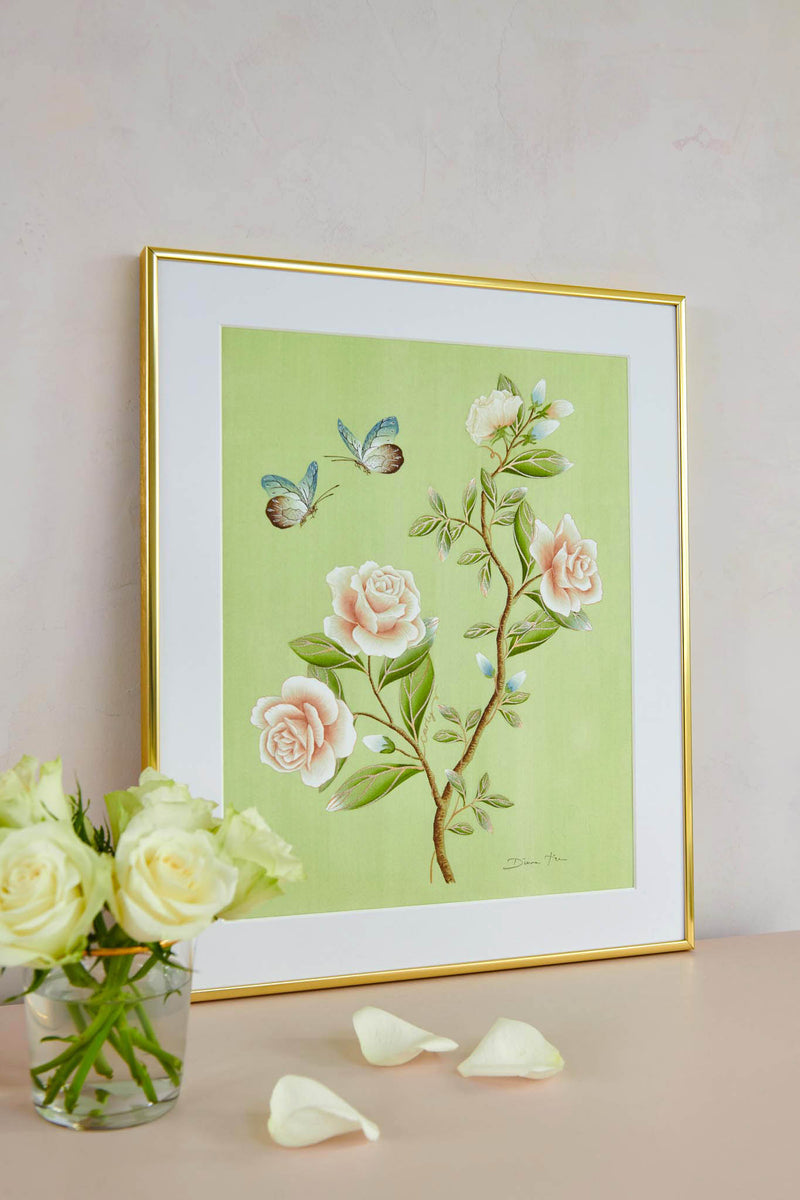 Chinoiserie limited edition art print green with botanical style white roses two butterflies