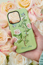 Green romantic wedding inspired phone case by diane hill features white roses in a botanical style tree branch and two butterflies