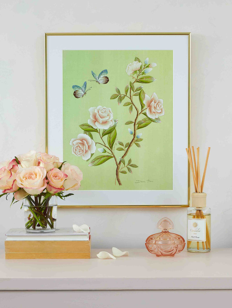 Green chinoiserie botanical style artwork with white roses two butterflies green leaves accents of blue size 11 x 14 inches Giclée paper