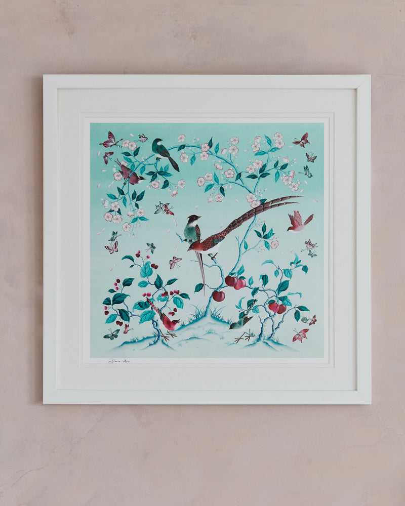 framed blue chinoiserie art print featuring colourful birds on blossom branch, butterflies and fruit