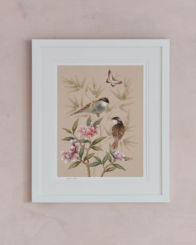 Delicate Floral Print with Birds, Neutral Tones Brown Pink and Beige, Bedroom Wall Art