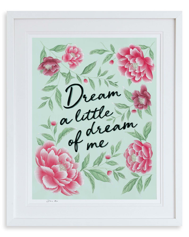 framed blue and pink vintage-style chinoiserie wall art print featuring flowers and leaves with the quote 'dream a little dream of me'