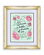 framed blue and pink vintage-style chinoiserie wall art print featuring flowers and leaves with the quote 'dream a little dream of me'
