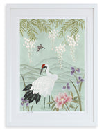 framed chinoiserie wall art print featuring Japanese inspired crane, flowers, and wisteria on a blue mountain background