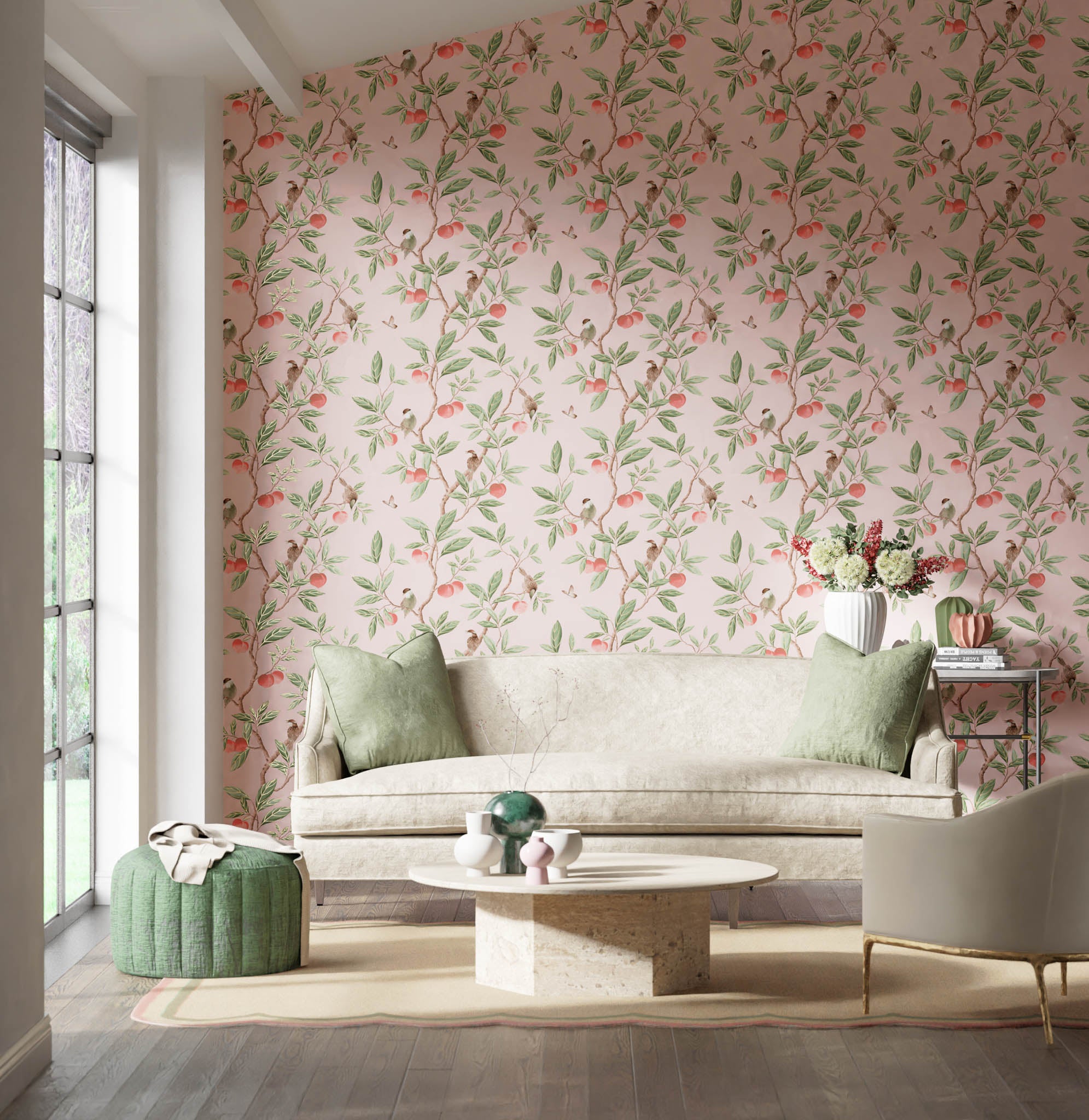 Cottage Core Peach Sage Toile Peel shops and Stick Wallpaper, Coral Pagoda Chinoiserie Wallpaper,