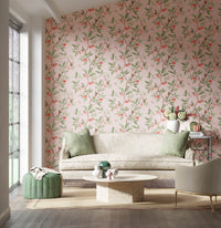 pink chinoiserie wallpaper featuring botanical birds, branches, and butterflies in modern grandmillennial style living room