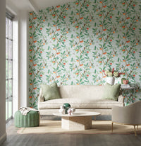 blue chinoiserie wallpaper featuring botanical birds, branches, and butterflies in modern living room