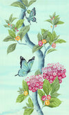 Chinoiserie style art print featuring butterflies and pink flowers on an aqua blue background