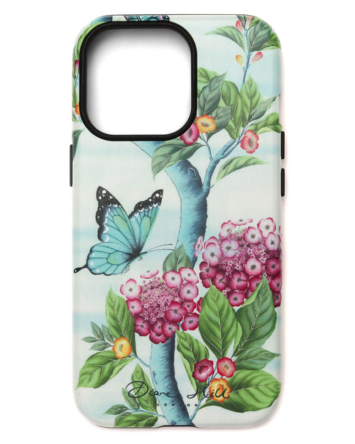 A butterfly and flower phone case in the Chinoiserie style by Diane Hill. This design features blue background with lush green leaves, pink hydrangea flowers and fluttering butterflies