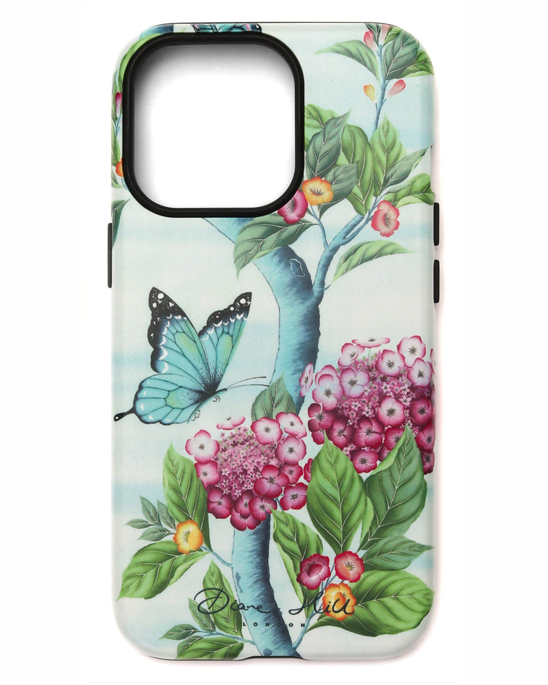 A butterfly and flower phone case in the Chinoiserie style by Diane Hill. This design features blue background with lush green leaves, pink hydrangea flowers and fluttering butterflies