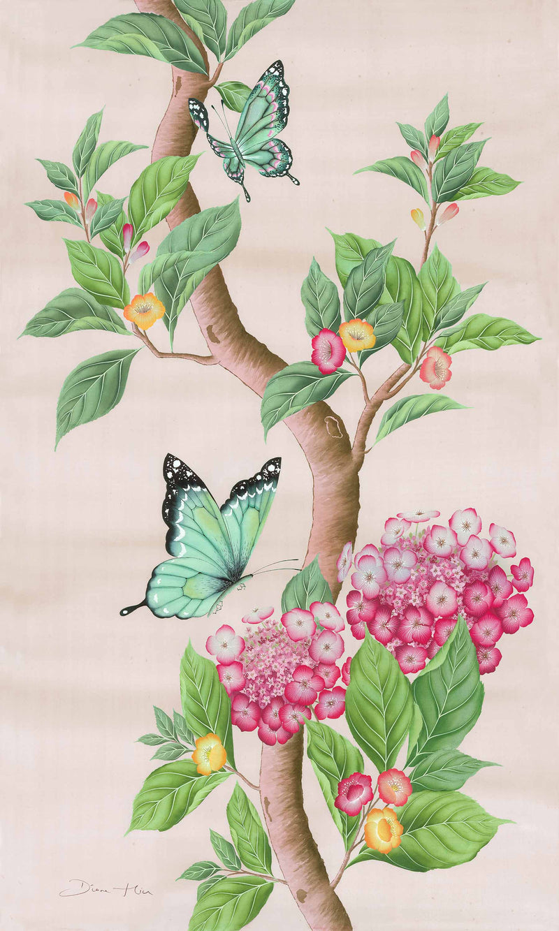 A pink botanical and Chinoiserie inspired art print by Diane Hill, featuring lush green leaves, pink hydrangea flowers and blue fluttering butterflies
