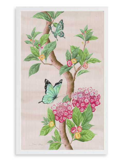 A pink Chinoiserie art print by Diane Hill featuring lush green leaves and flowers with large blue butterflies. 