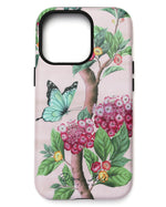 A pink flower and butterfly phone case by Diane Hill featuring hand painted hydrangea flowers, lush green leaves and butterflies