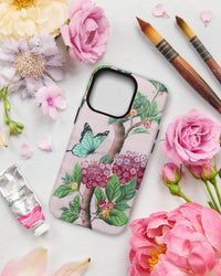 pink luxury chinoiserie phone case featuring colourful vintage inspired butterfly and flowers