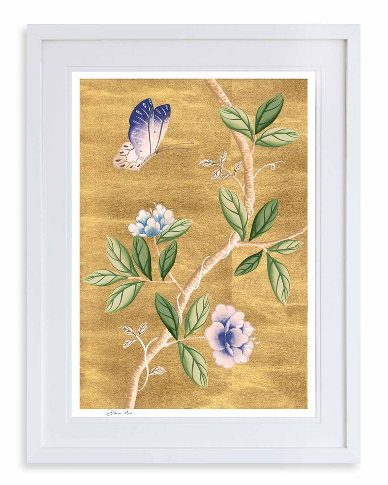 framed chinoiserie wall art print featuring purple vintage-style butterfly and flower branch on gold leaf background