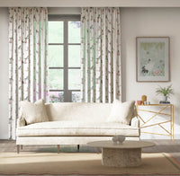 botanical wallpaper featuring chinoiserie style butterflies on curtains in modern living room